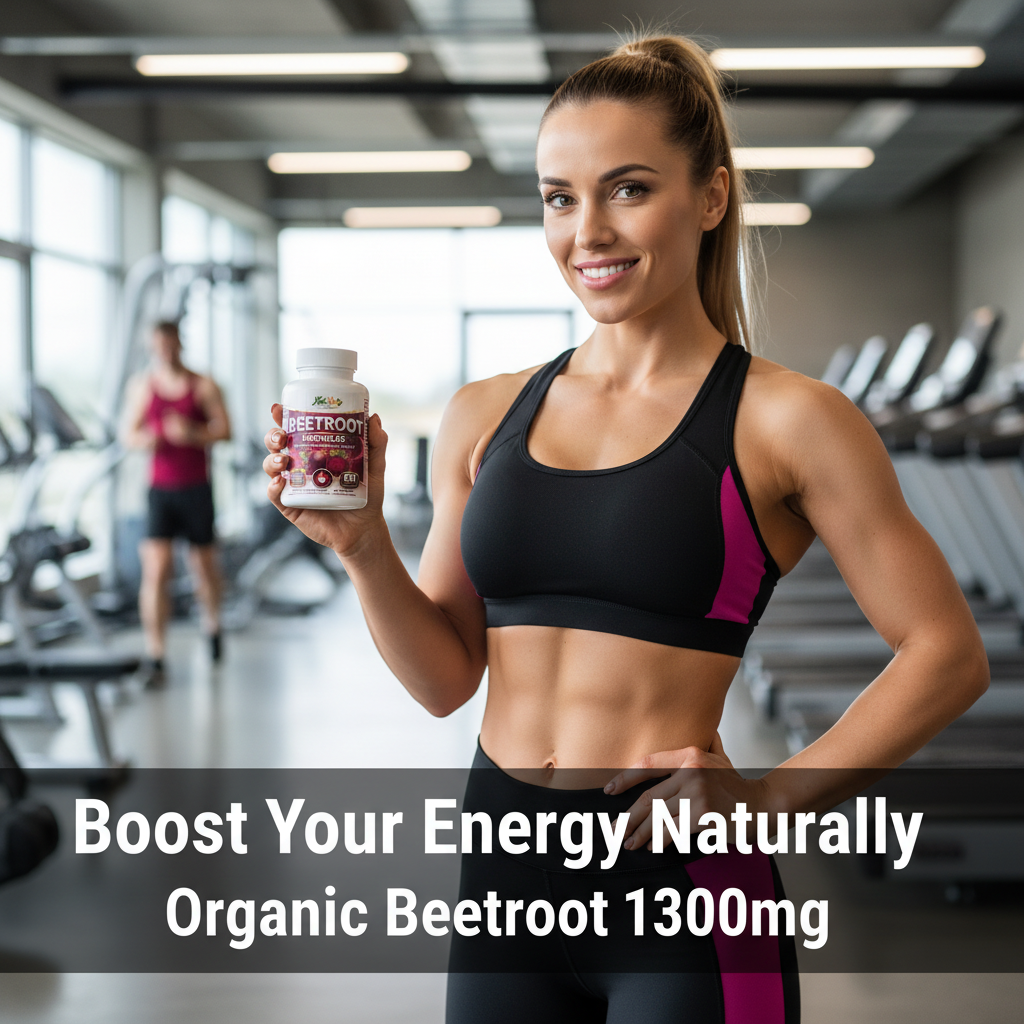 Athletic woman holding NatuVibe Organic Beetroot Capsules – Best Beet Root Supplement for Energy & Stamina