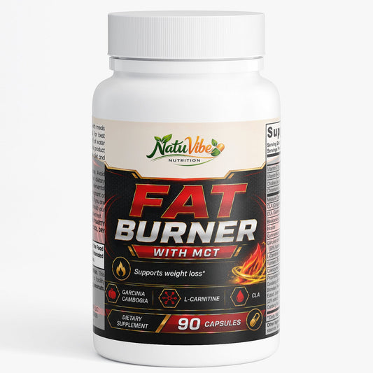 NatuVibe Fat Burner dietary supplement bottle with mct oil and 90 capsules for weight management