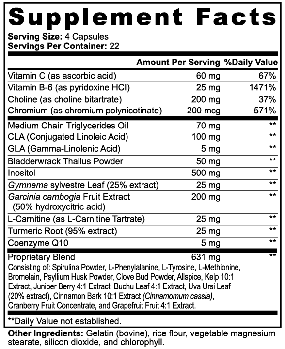 Supplement facts label showing ingredients including mct oil for weight management by NATUVIBE LLC