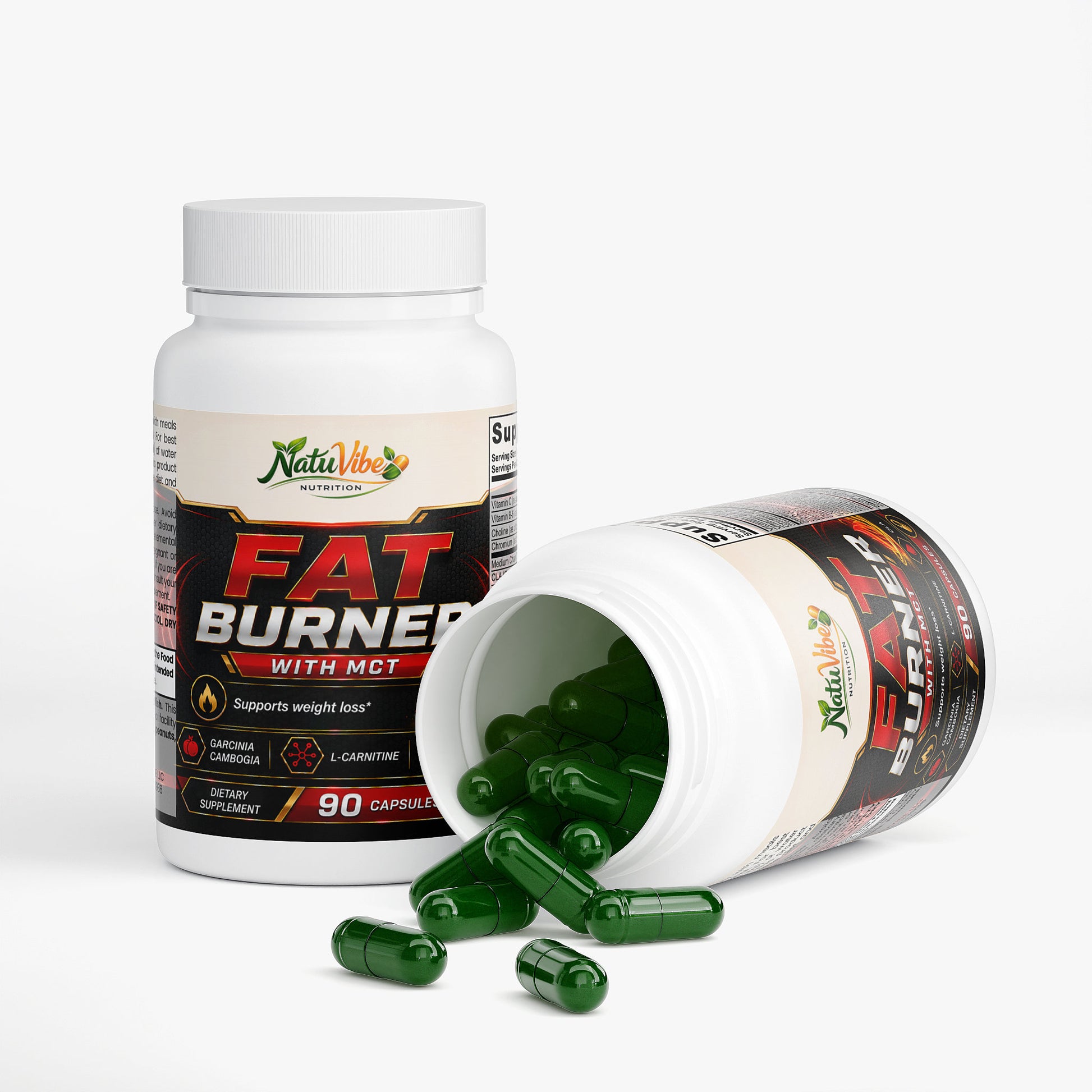 NATUVIBE LLC Fat Burner weight management supplement with mct oil in green capsules and white bottle