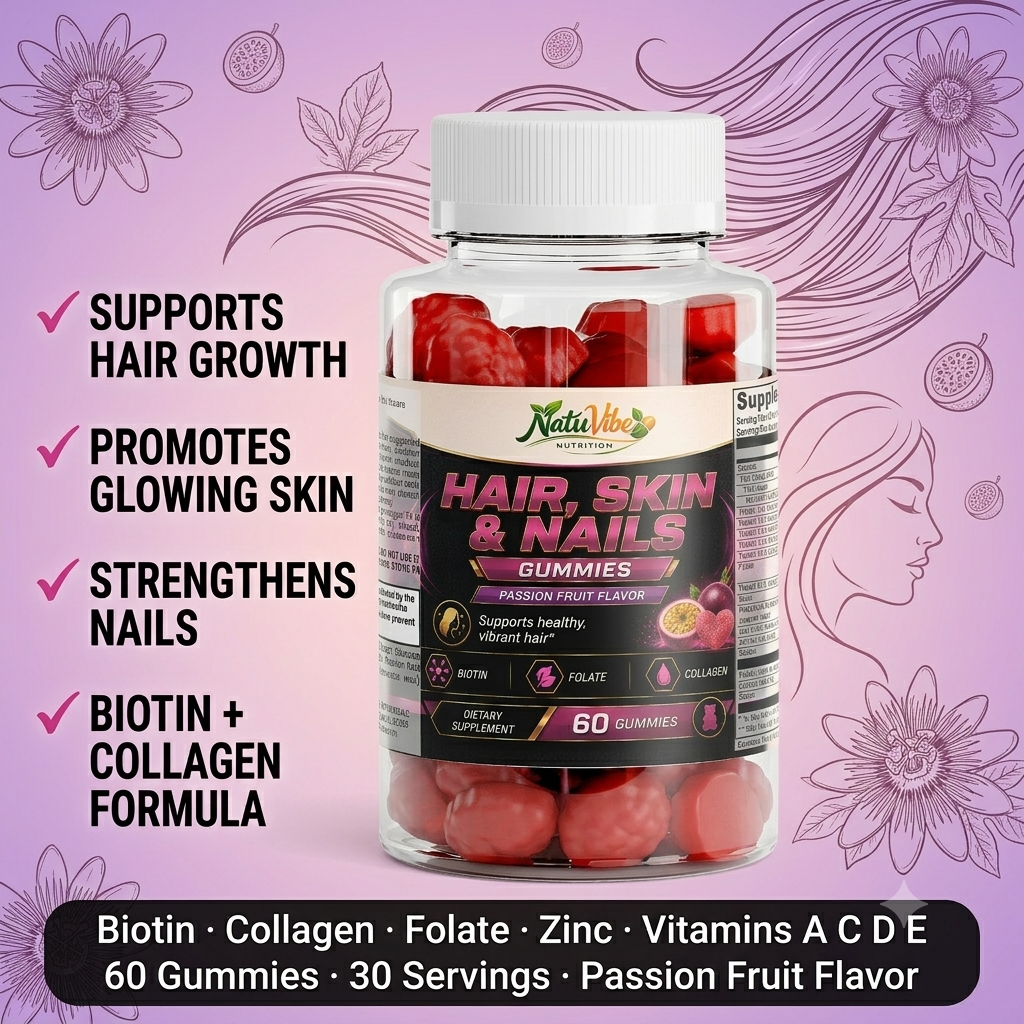 Hair, Skin & Nails Gummies™ – Biotin, Collagen & Folate | Supports Healthy Vibrant Hair | Passion Fruit Flavor | 60 Gummies