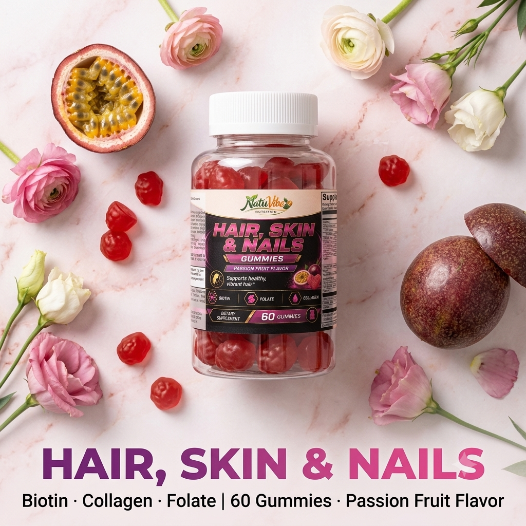 Hair, Skin & Nails Gummies™ – Biotin, Collagen & Folate | Supports Healthy Vibrant Hair | Passion Fruit Flavor | 60 Gummies
