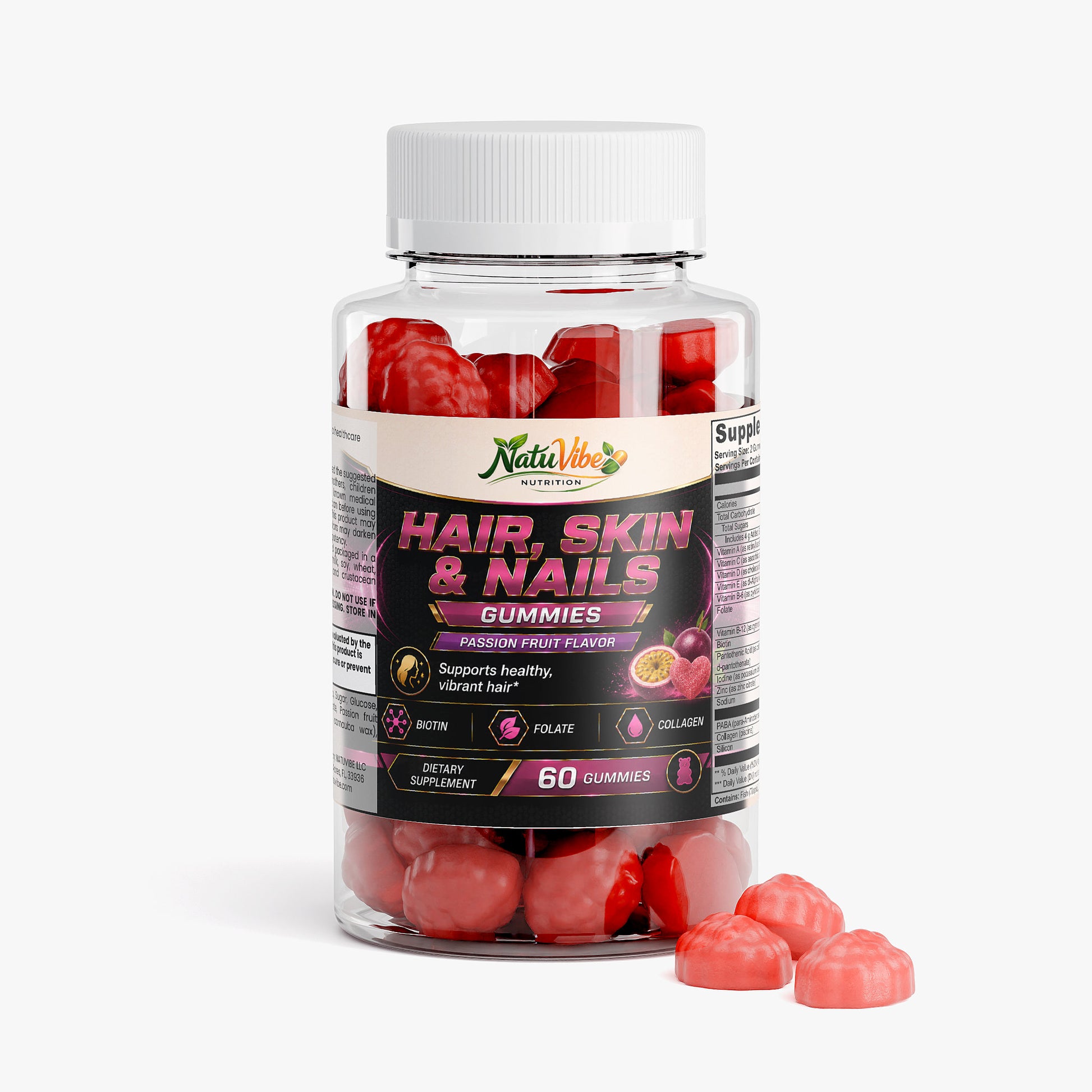 Hair, Skin & Nails Gummies™ – Biotin, Collagen & Folate | Supports Healthy Vibrant Hair | Passion Fruit Flavor | 60 Gummies