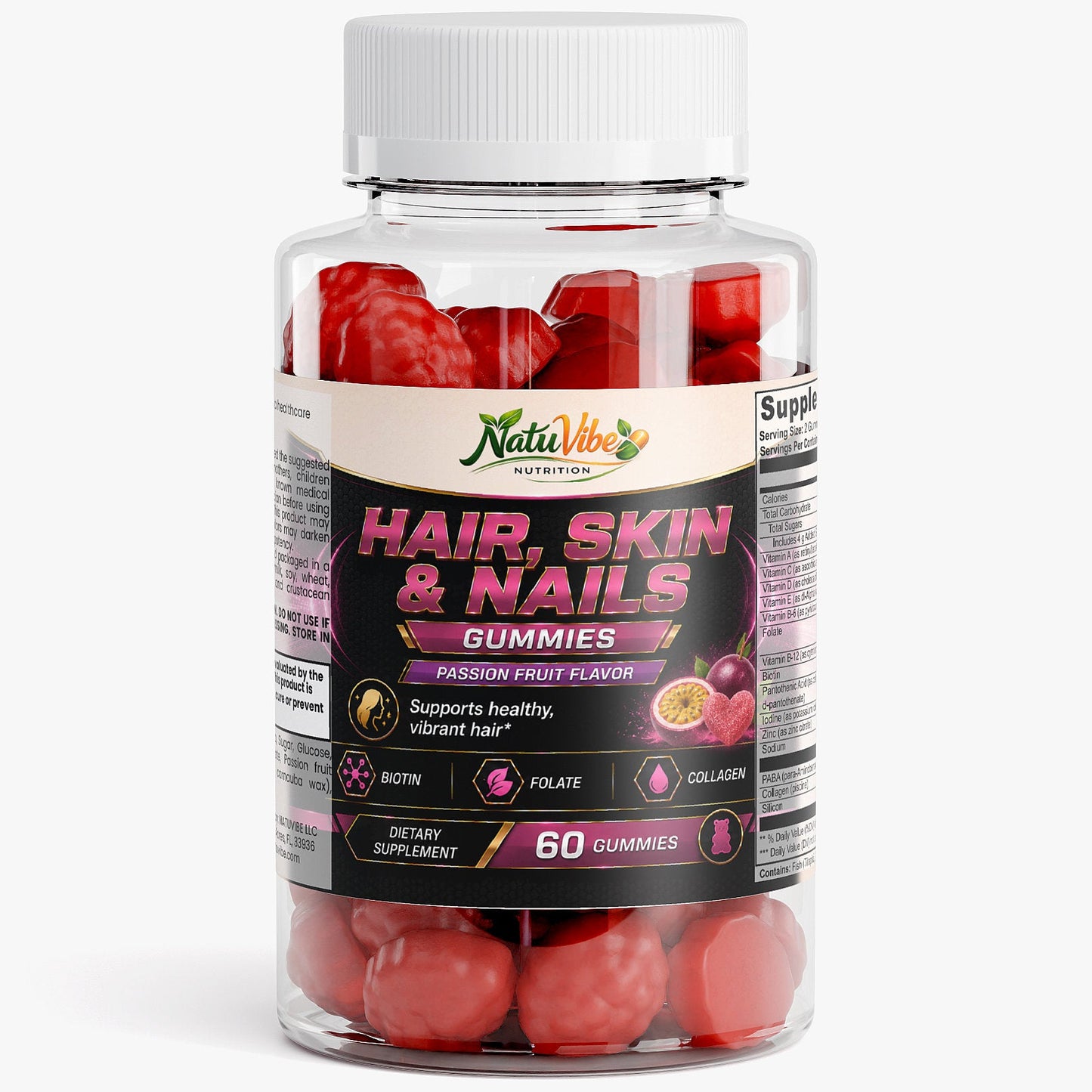 Hair, Skin & Nails Gummies™ – Biotin, Collagen & Folate | Supports Healthy Vibrant Hair | Passion Fruit Flavor | 60 Gummies
