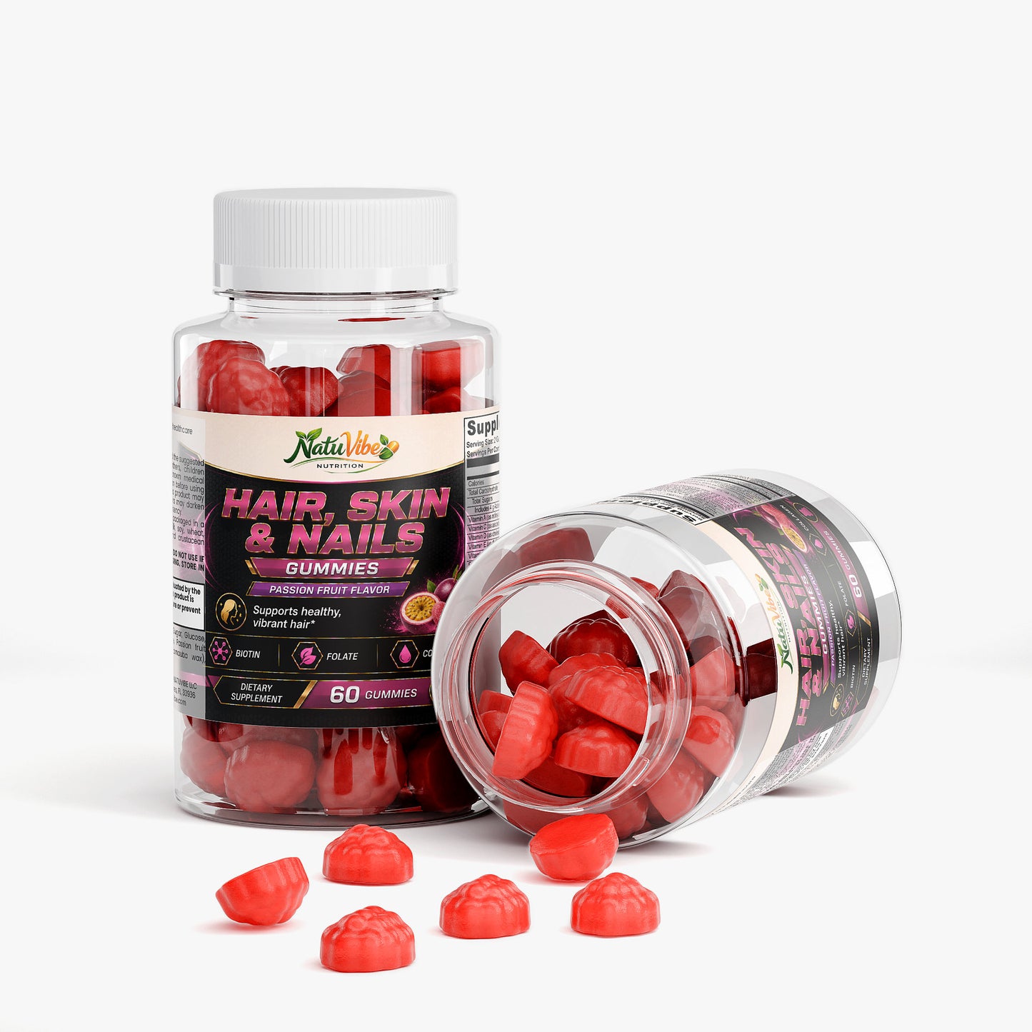 Hair, Skin & Nails Gummies™ – Biotin, Collagen & Folate | Supports Healthy Vibrant Hair | Passion Fruit Flavor | 60 Gummies