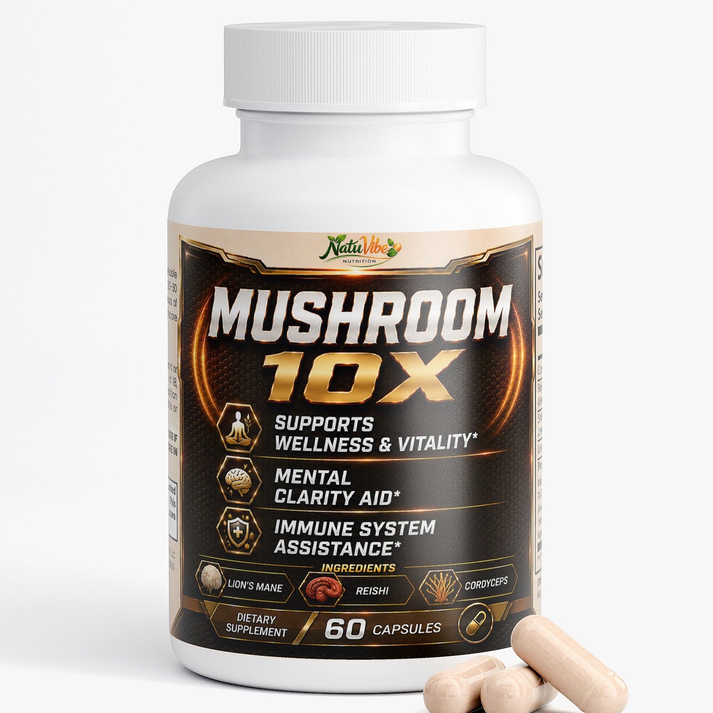 Mushroom 10X – 10 Mushroom Complex for Wellness, Mental Clarity & Immune Support | Lion’s Mane, Reishi & Cordyceps | 60 Caps