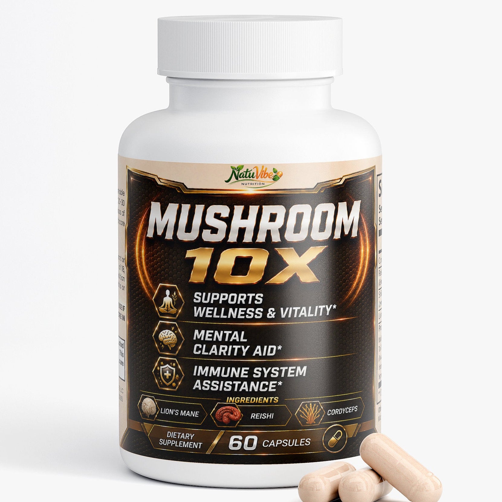 Mushroom 10X – 10 Mushroom Complex for Wellness, Mental Clarity & Immune Support | Lion’s Mane, Reishi & Cordyceps | 60 Caps