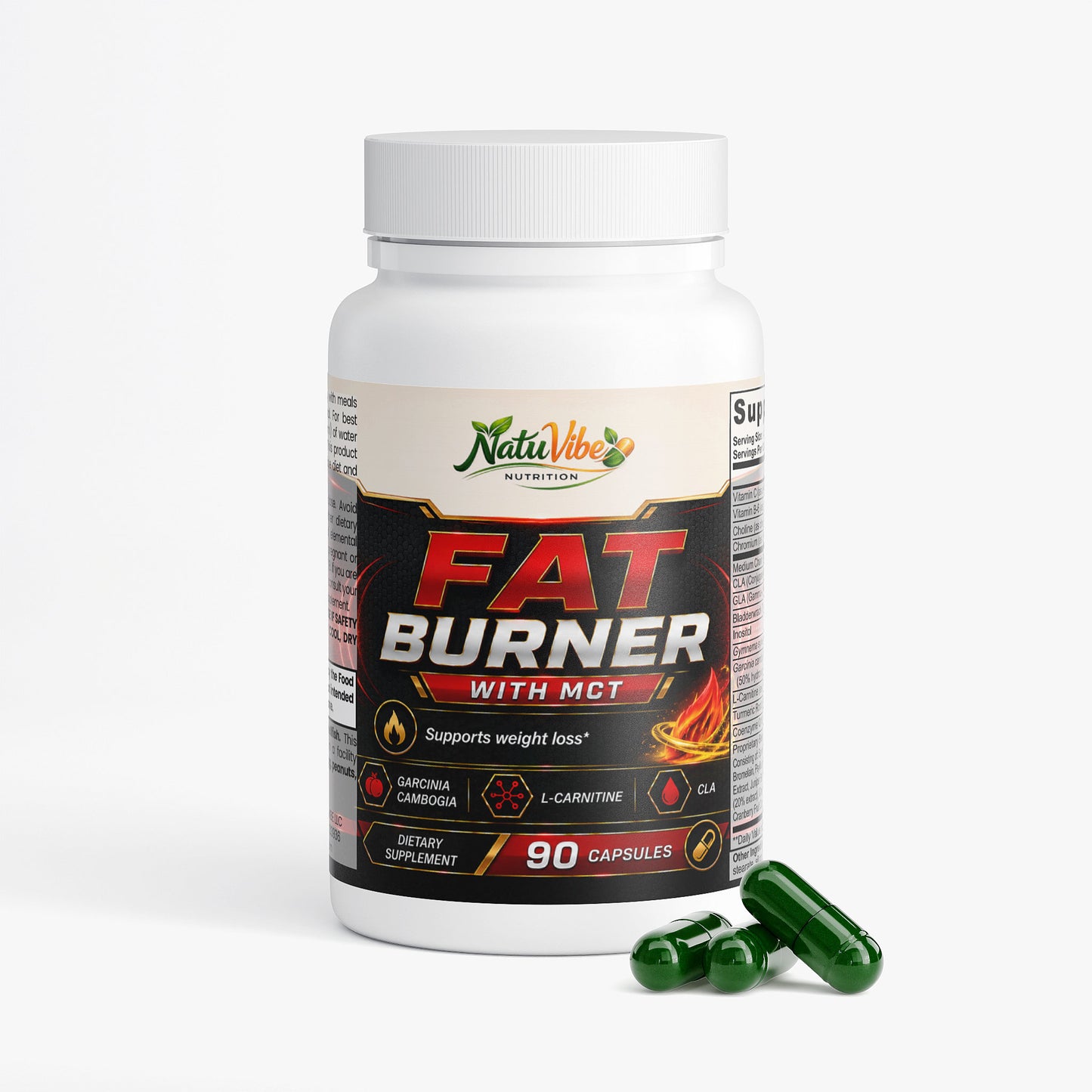 Natuvibe Fat Burner dietary supplement bottle with mct oil and 90 capsules for weight management