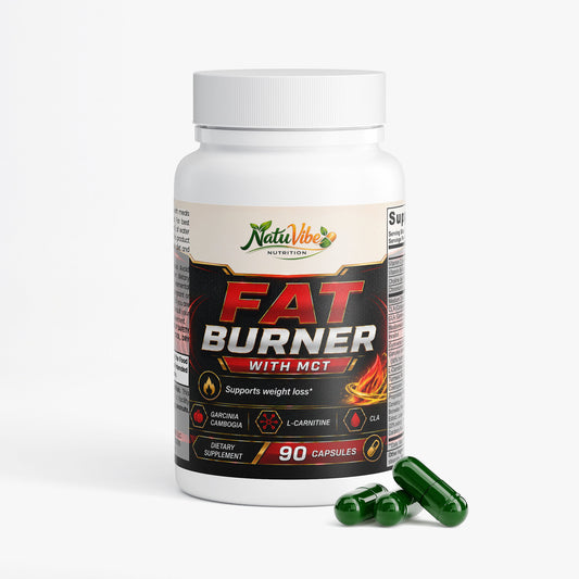 Natuvibe Fat Burner dietary supplement bottle with mct oil and 90 capsules for weight management