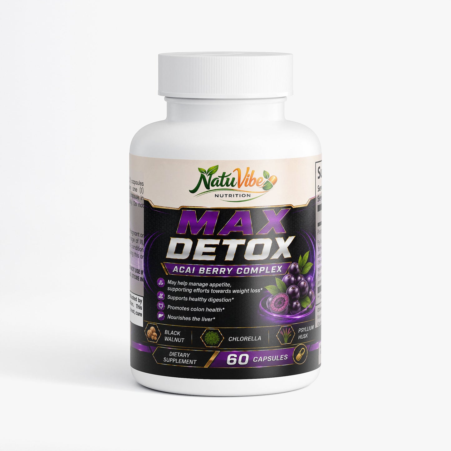 NATUVIBE Max Detox Acai Berry Complex dietary supplement bottle for detox colon cleanse with 60 capsules