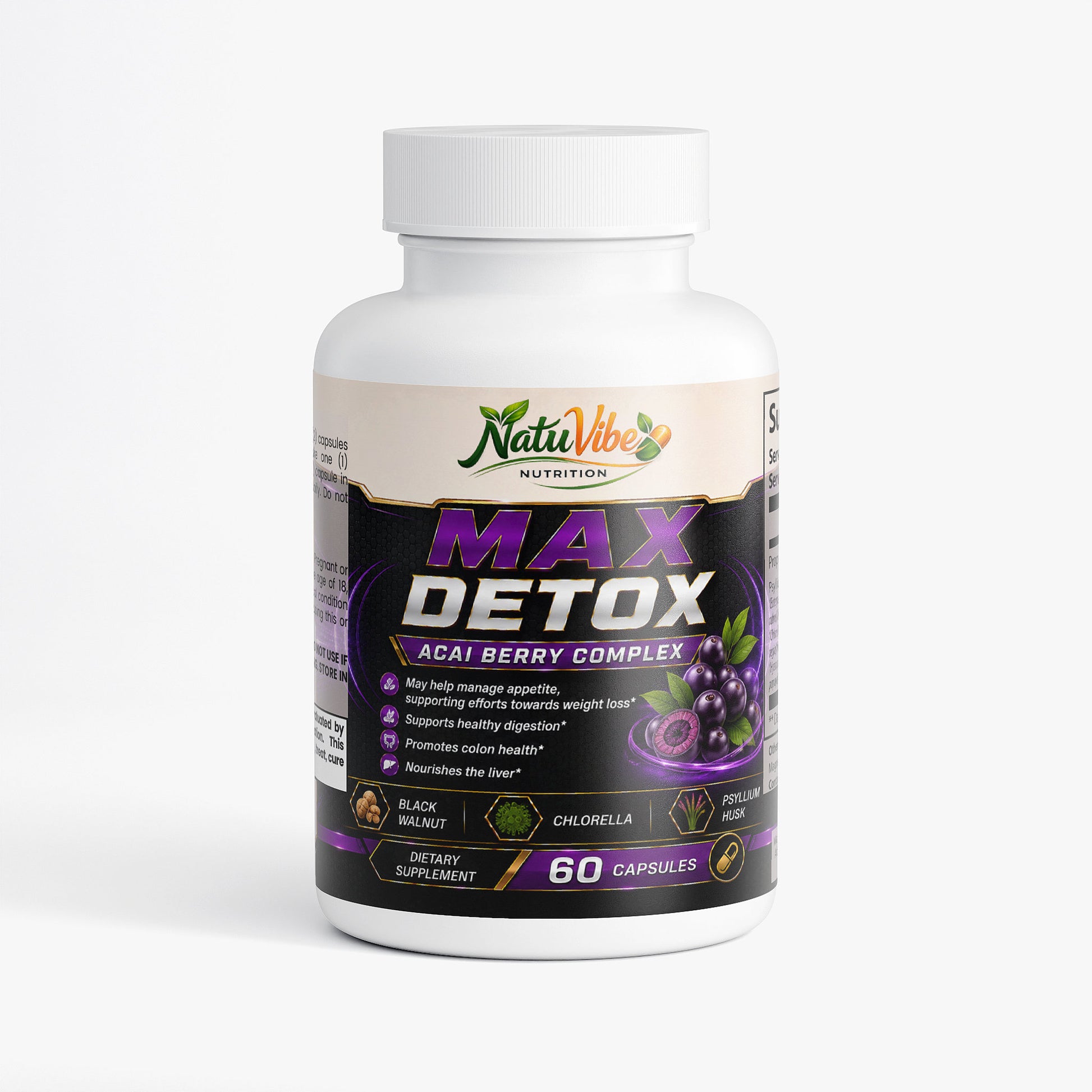NATUVIBE Max Detox Acai Berry Complex dietary supplement bottle for detox colon cleanse with 60 capsules