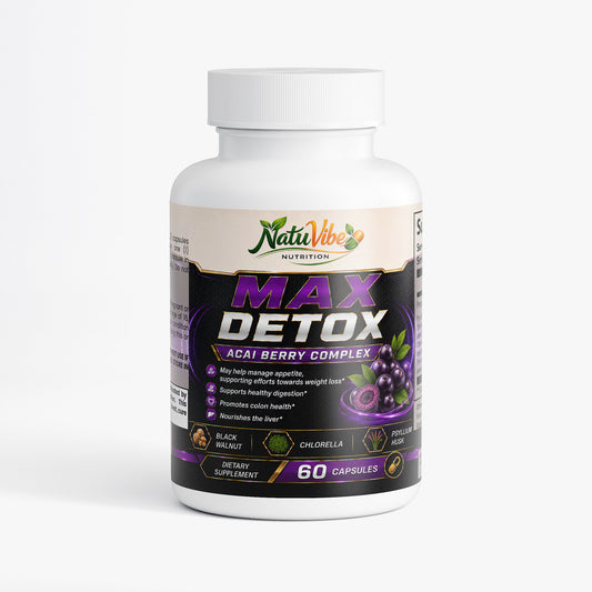 NATUVIBE Max Detox Acai Berry Complex dietary supplement bottle for detox colon cleanse with 60 capsules