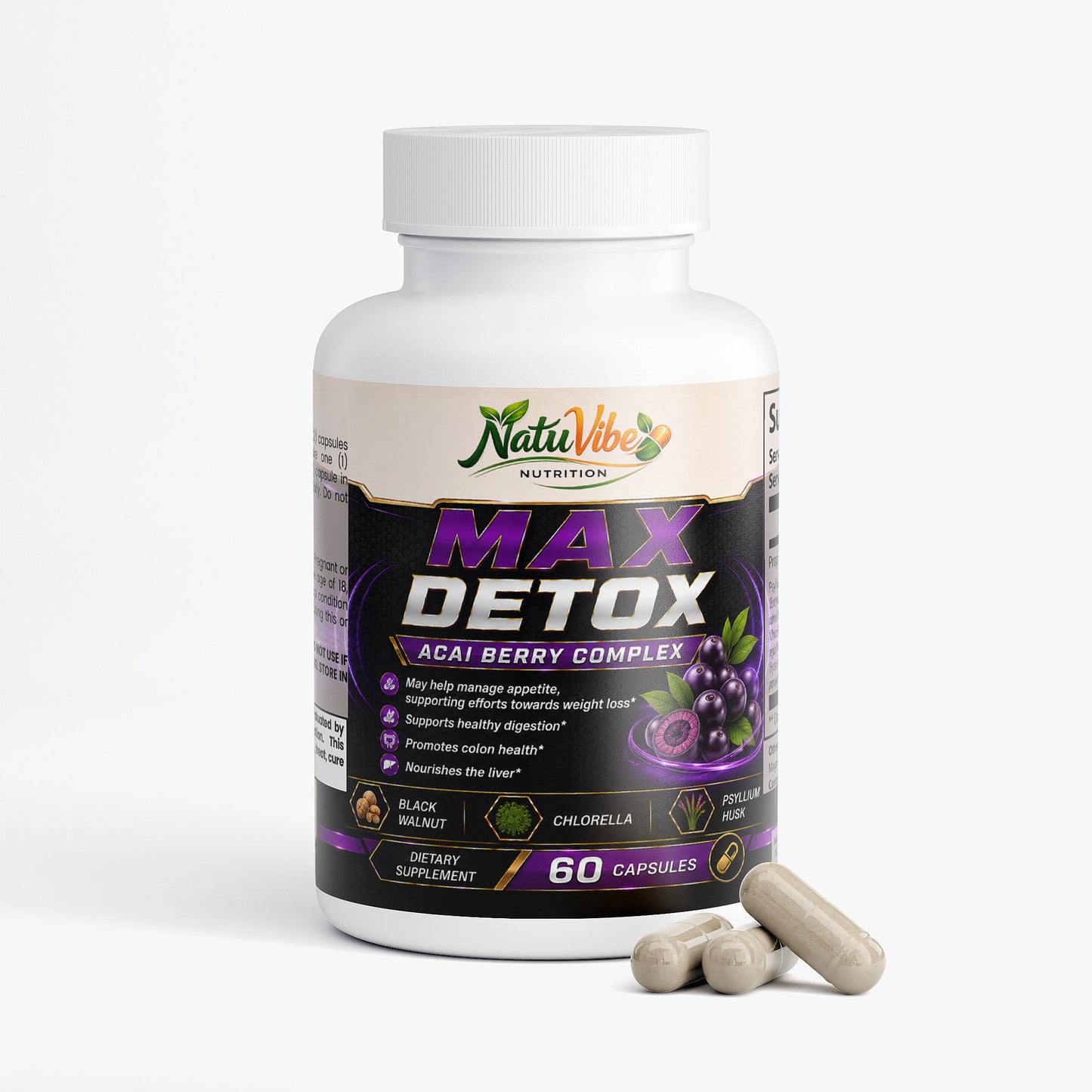 NatuVibe Max Detox dietary supplement bottle with detox colon cleanse capsules and acai berry complex