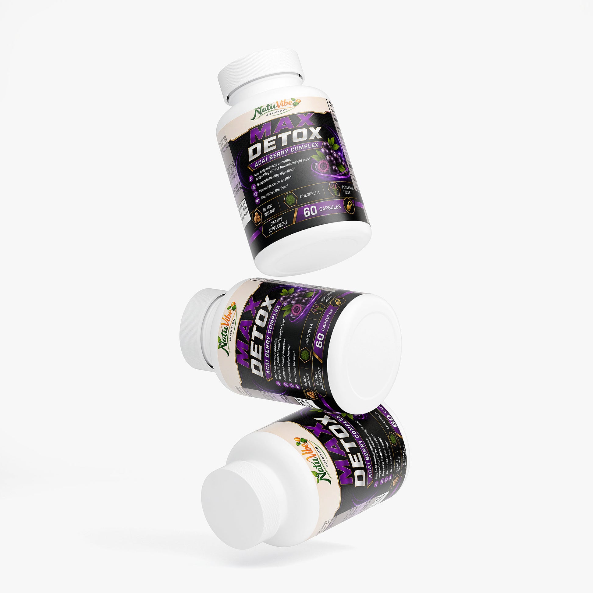 NATUVIBE LLC Max Detox supplement bottles for detox colon cleanse with 60 capsules each