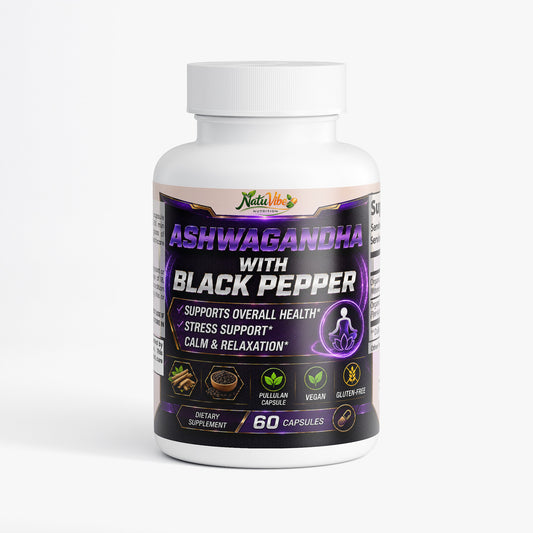 NATUVIBE LLC Ashwagandha capsules for stress with black pepper dietary supplement bottle 60 count
