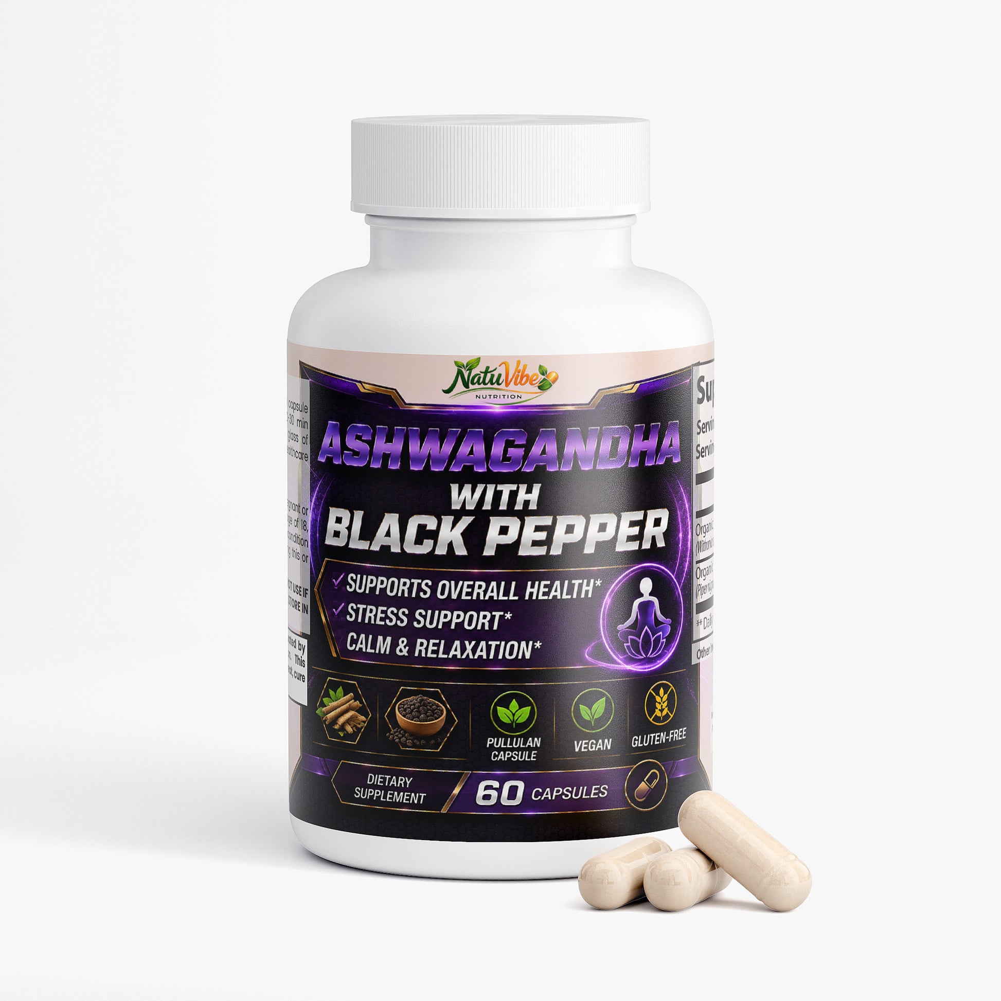 Natuvibe ashwagandha capsules for stress with black pepper dietary supplement bottle and capsules