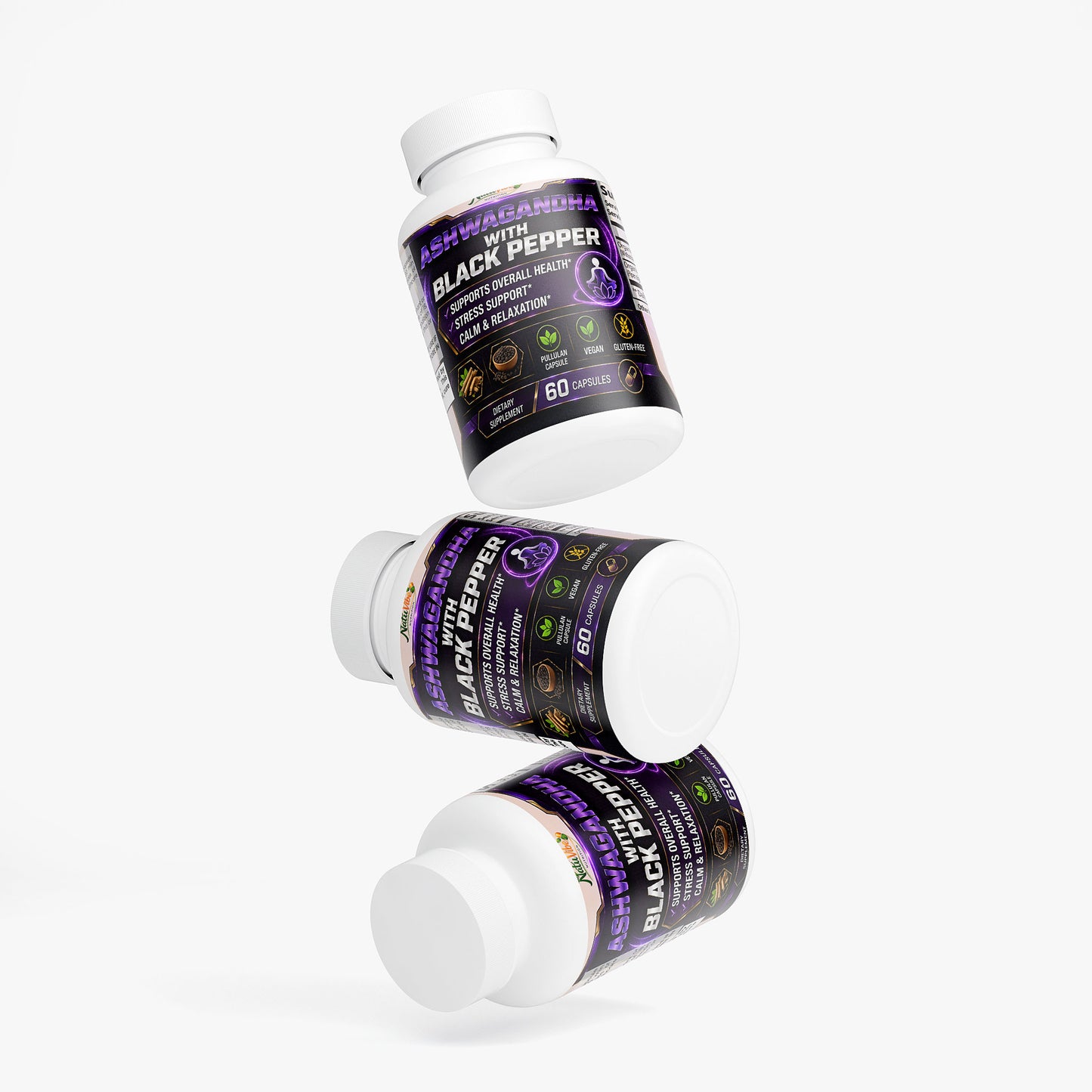NATUVIBE LLC ashwagandha capsules for stress with black pepper support in white bottles