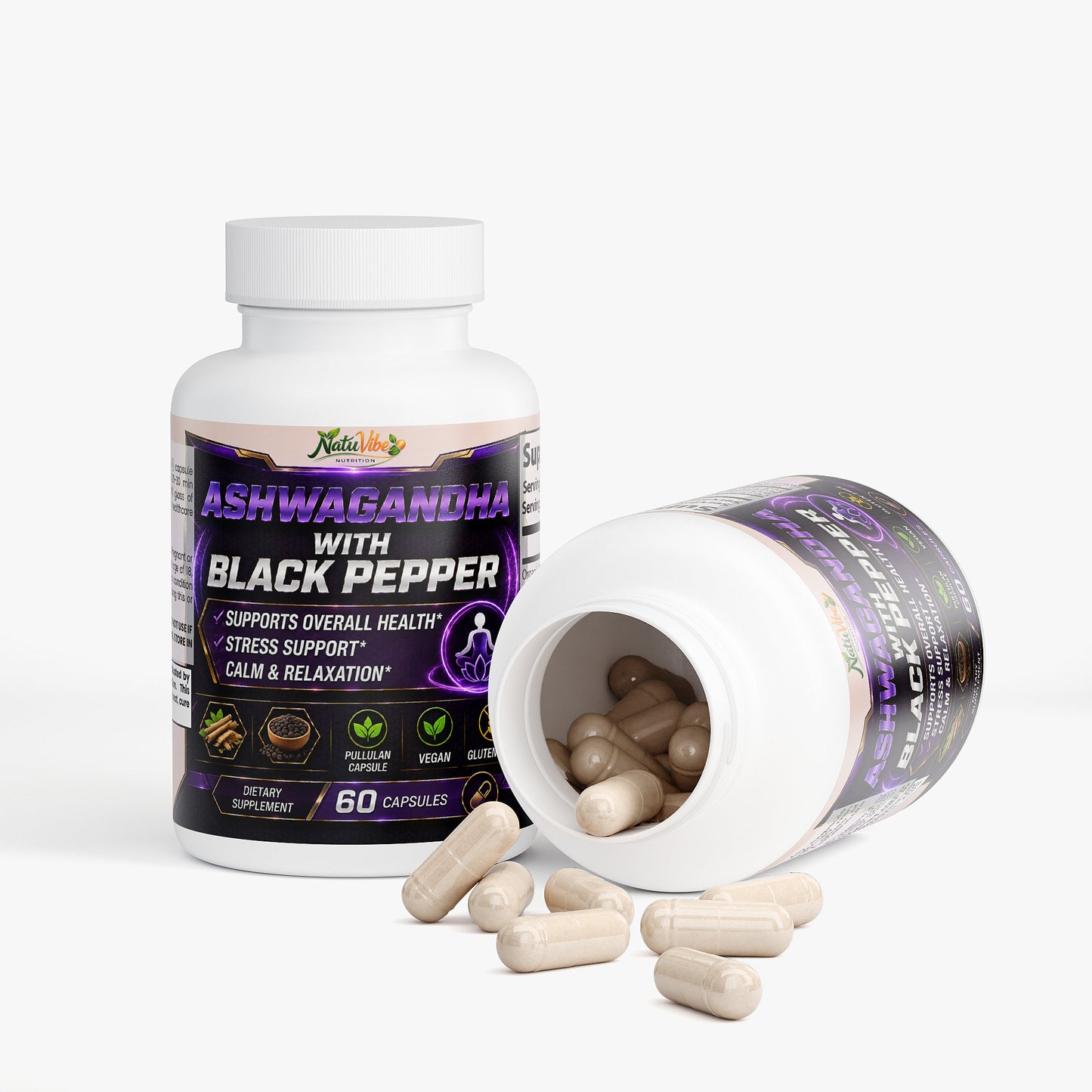 NATUVIBE LLC ashwagandha capsules for stress with black pepper dietary supplement bottle and capsules