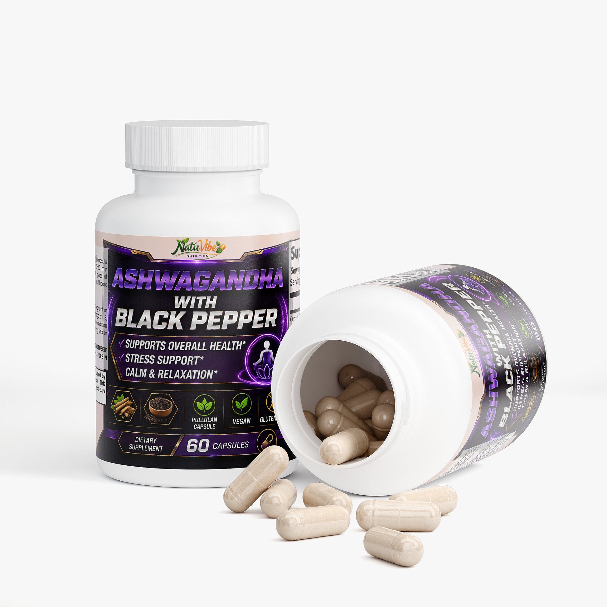 NATUVIBE LLC ashwagandha capsules for stress with black pepper dietary supplement bottle and capsules