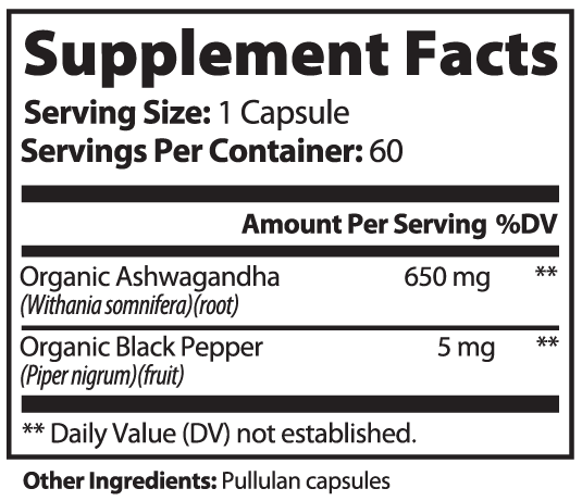 Supplement facts label showing organic ashwagandha capsules for stress with 650 mg per serving and 60 servings