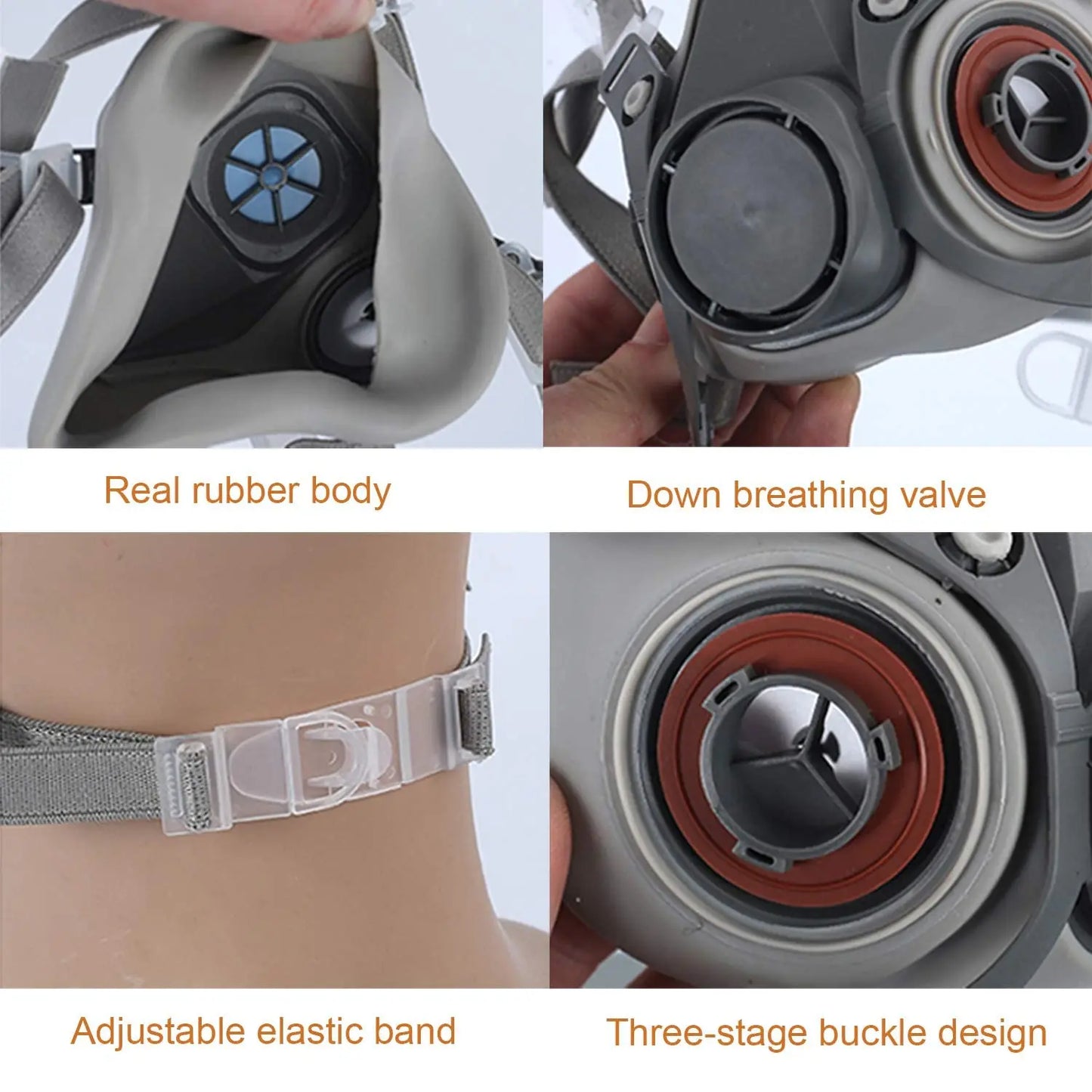 NATUVIBE half face gas mask featuring real rubber body adjustable elastic band and three-stage buckle design