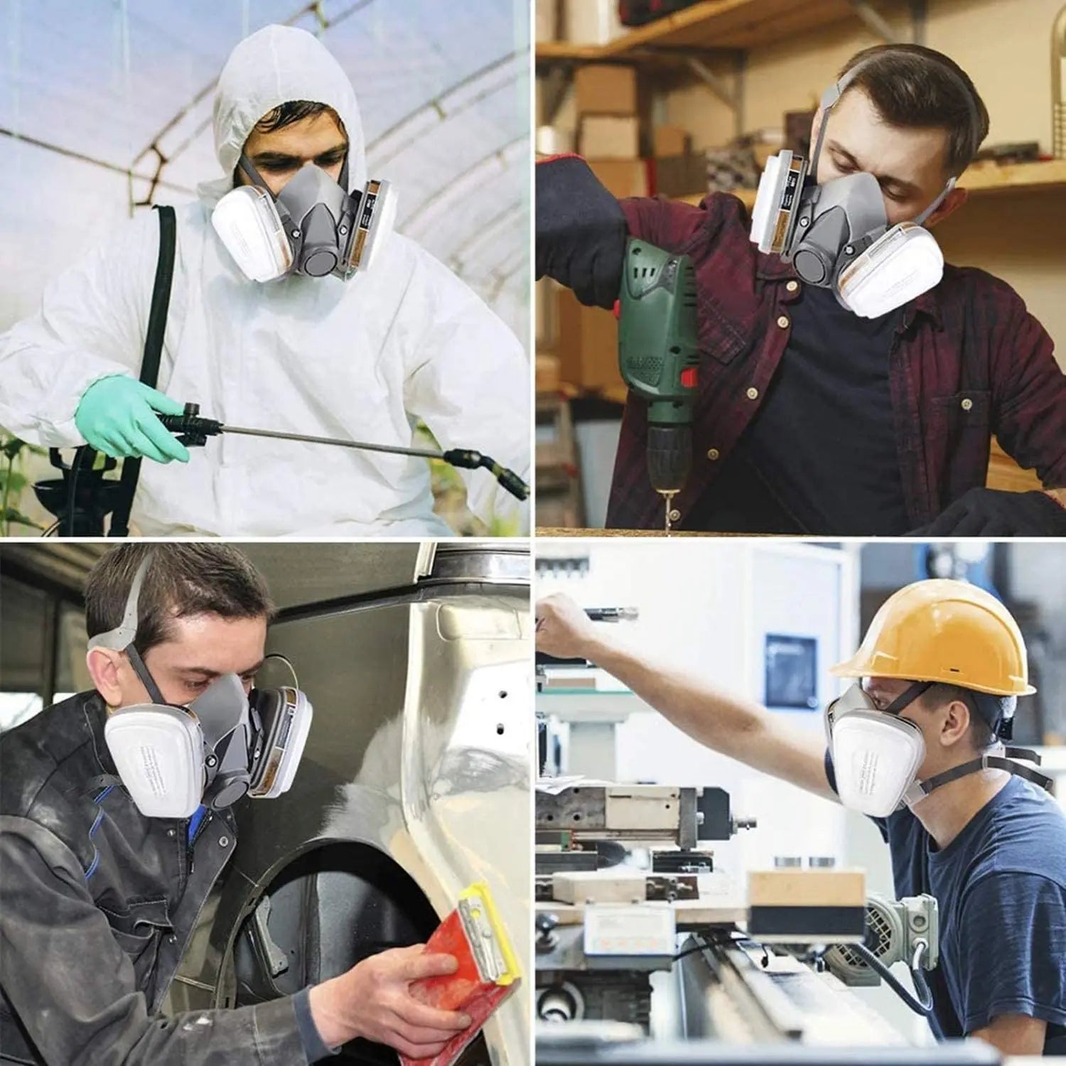 NATUVIBE half face gas mask worn by workers for protection in various industrial and cleaning tasks